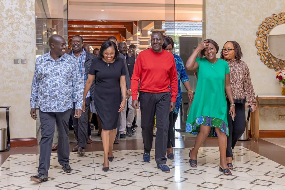 President William Ruto with governors Susan Kihika, Anne Waiguru, and Cecily Mbarire during the national executive retreat.